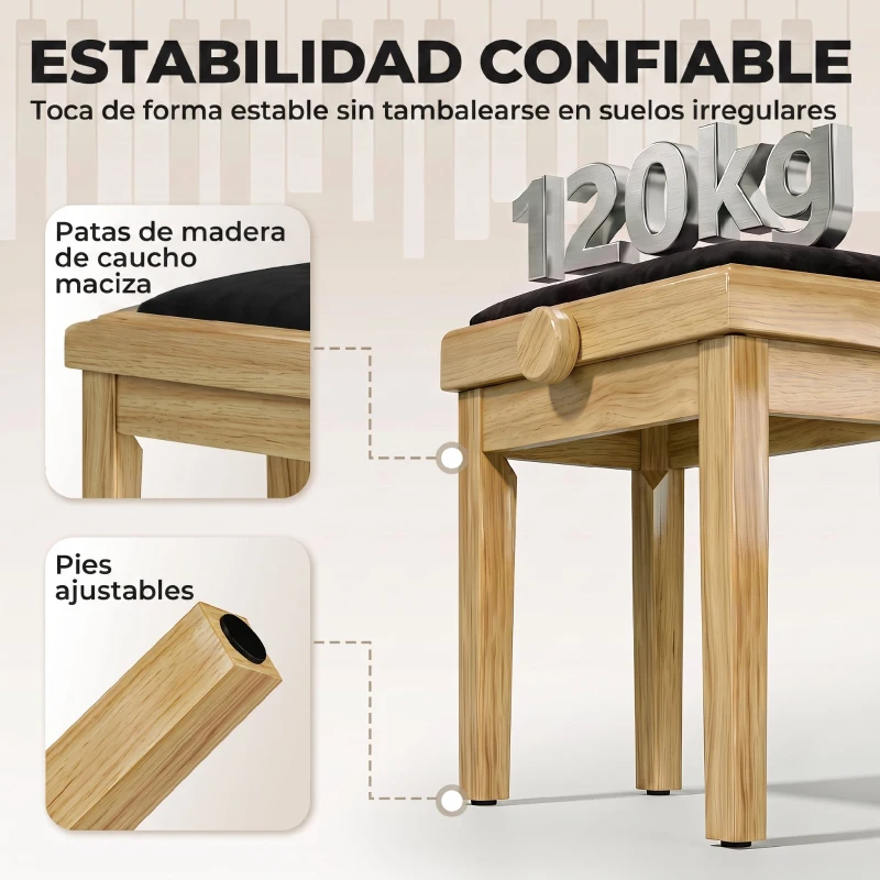 HOMCOM Banco para Piano Ajustable Altura 45-56 cm Banqueta para Piano Acolchada de Terciopelo Patas de Madera Madera Natural