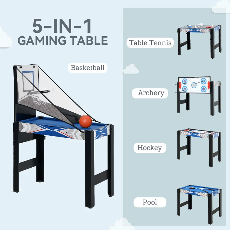 SPORTNOW 5-in-1 Multi Games Table, with Mini Pool, Table Tennis, Basketball, Hockey, Archery, Blue