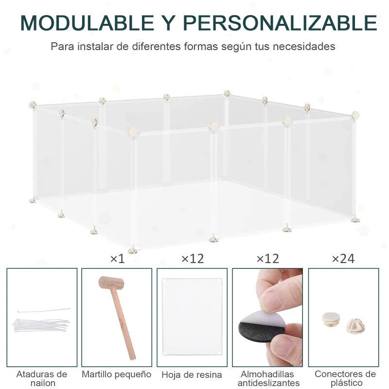 PawHut Valla para Mascotas, Jaula Modular, Recinto Interior de Plástico Transparente con 12 Paneles, 24 Conectores, para Cobayas, 105x105x45 cm, Blanco