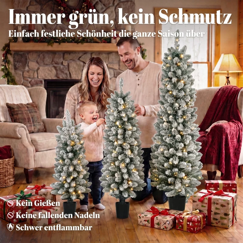 HOMCOM 3er-Set schneebeflockte LED-Weihnachtsbäume, schmal, mit PVC-Zweigen, 90/120/150 cm