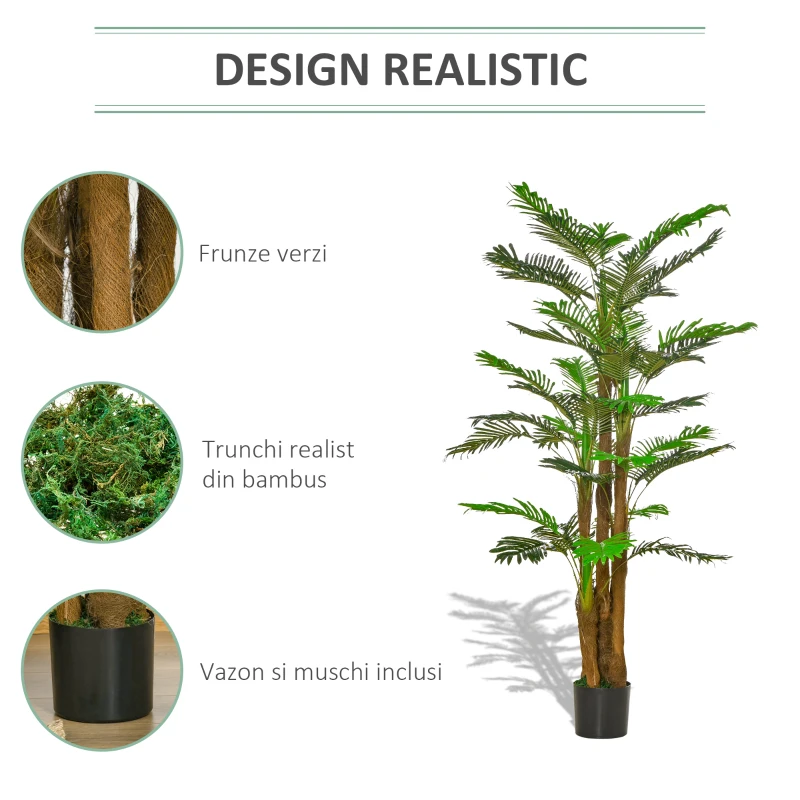 HOMCOM Palma Artificiale in Vaso con 42 Foglie, Pianta Finta Realistica per Interno ed Esterno, 185cm