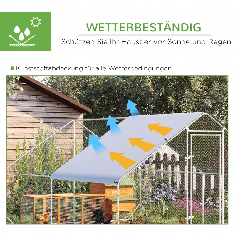 PawHut kippenhok buitenverblijf XXL buiten kippenhok met schaduw dakslot buitenverblijf voor 8-12 kippen eend konijn staal 3 x 4 x 2 m