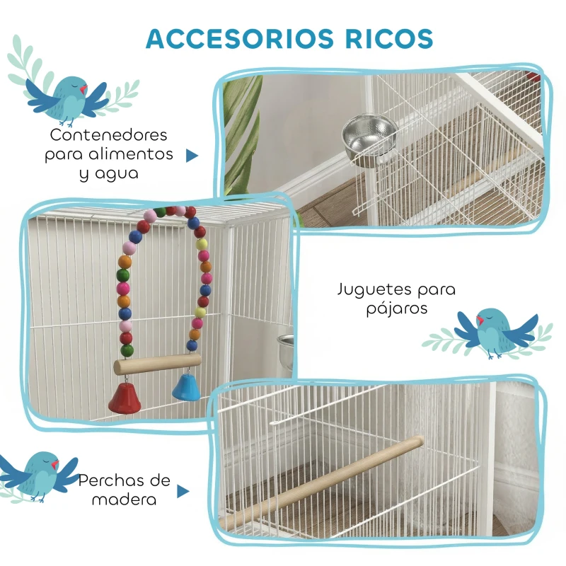PawHut Jaula para Pájaros con Ruedas con Comederos Perchas Columpio y Bandeja Extraíble 48x46x78 cm Blanco