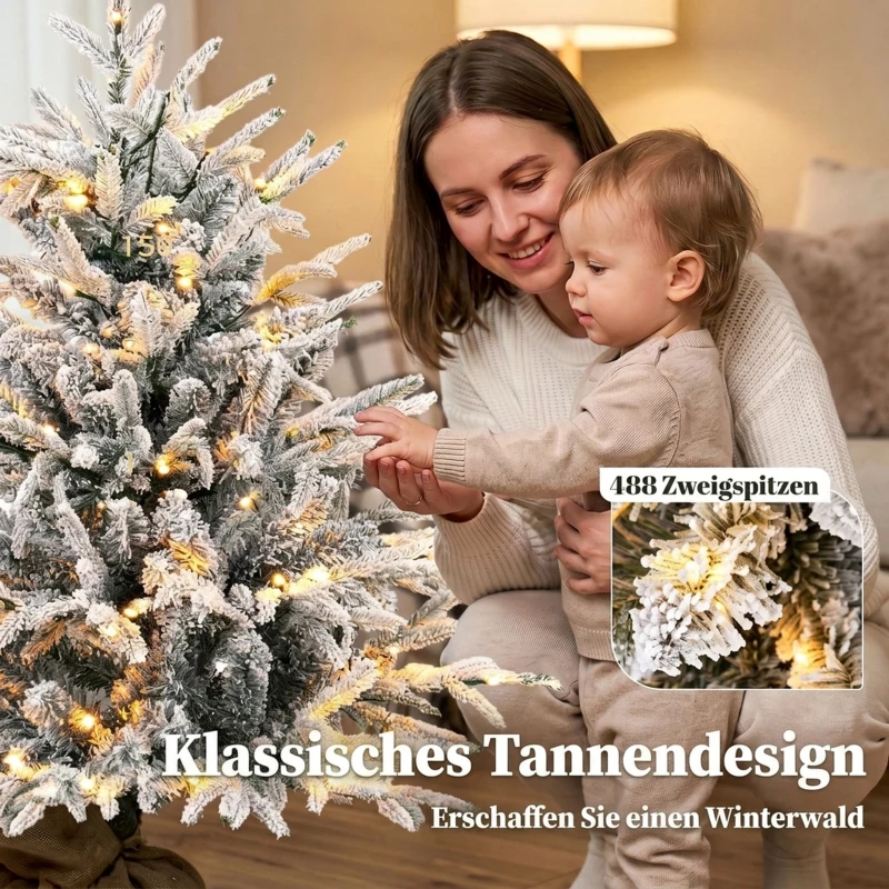 HOMCOM Tafelkerstboom 90 cm, voorverlicht, besneeuwd, kunstmatig, 70 warmwitte leds, 488 takpunten, groen