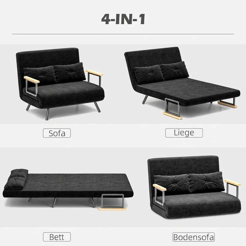 HOMCOM Schlafsofa 2er-Sofa Samtsofa, Schlaffunktion, inkl. 2 Kissen, Samtoptik, Schwarz
