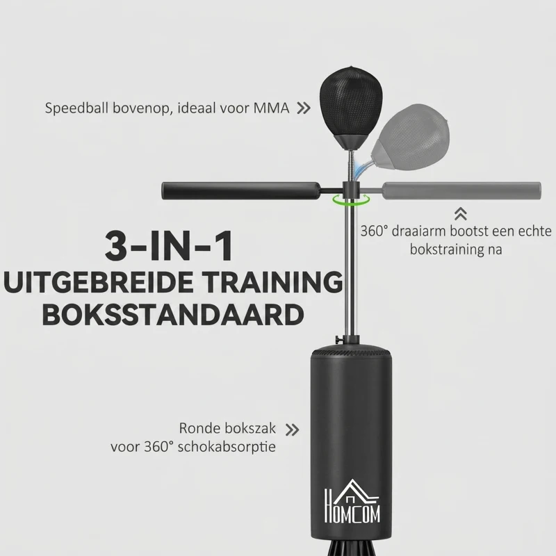 HOMCOM Staande bokszak met speedball, reflexstang, in hoogte verstelbaar, voor volwassenen, 155-205cm, zwart