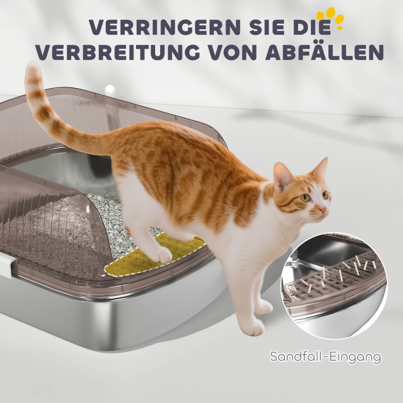 PawHut Kattenbak van roestvrij staal, kattentoilet met hoge rand, inzet, inclusief schep, voor grote katten, 53x42x27 cm, kolgrijs
