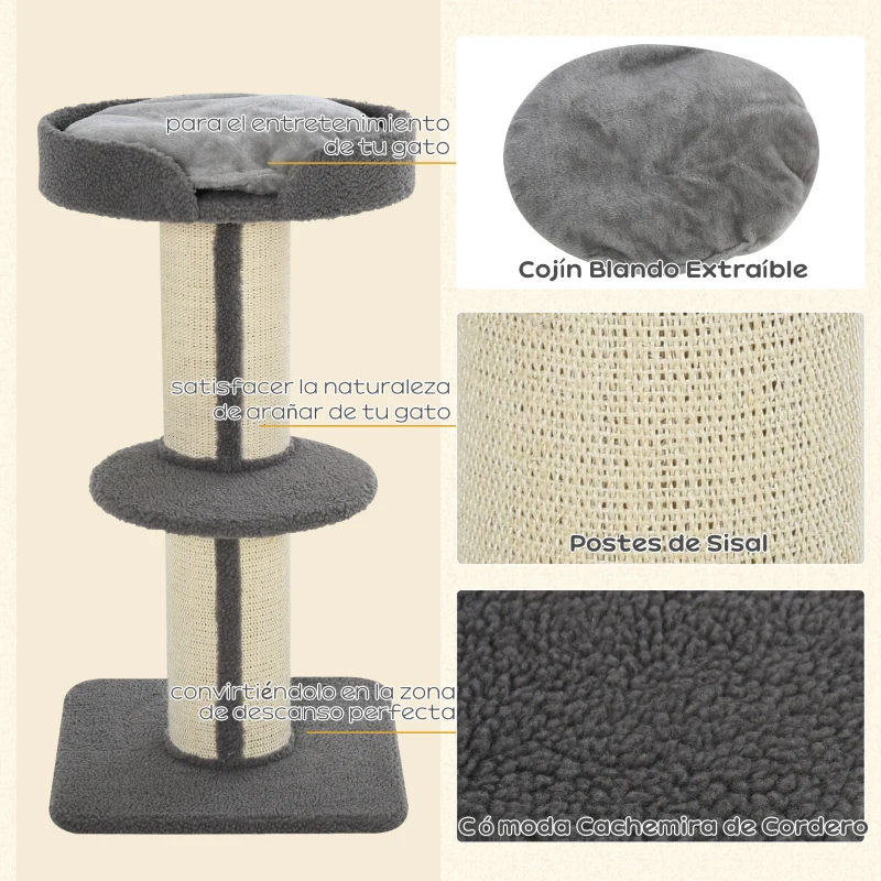 PawHut Árbol para Gatos Altura 91 cm de 3 Niveles con Nido Plataforma y Poste de Sisal 45x45x91 cm Gris