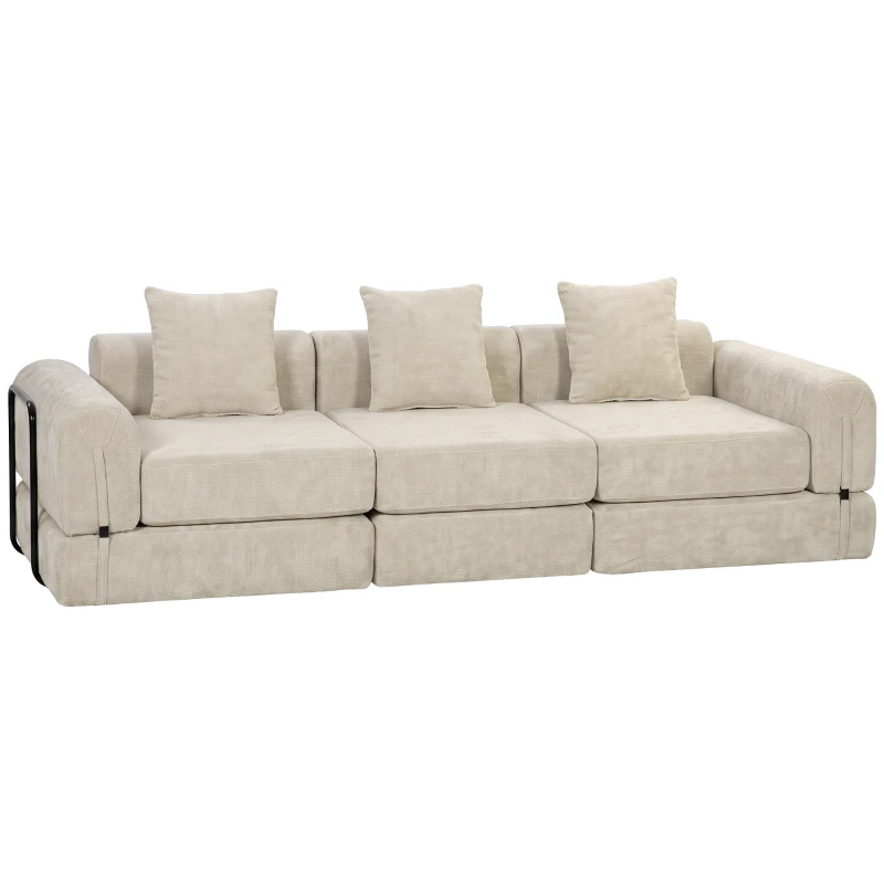 HOMCOM Canapé-Lit Pliable 245 cm, Canapé Compressé 3 Places Modulaire en Chenille avec Assise large, 3 Coussins, Beige