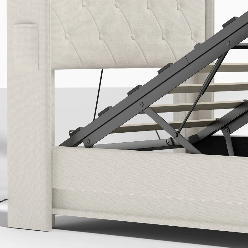 HOMCOM 3ft Single Bed Frame with Headboard, Platform Bed Frame with Hydraulic Storage, LED Lights and Charging Station, White