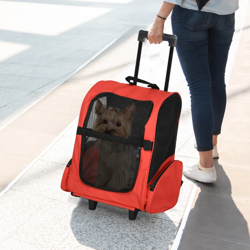 PawHut Transportín 2 en 1 para Mascotas Mochila o Carrito de Viaje para Perro y Gato con 2 Ruedas con Asa retráctil de Aluminio y Bolsillos 42x25x55 cm Rojo
