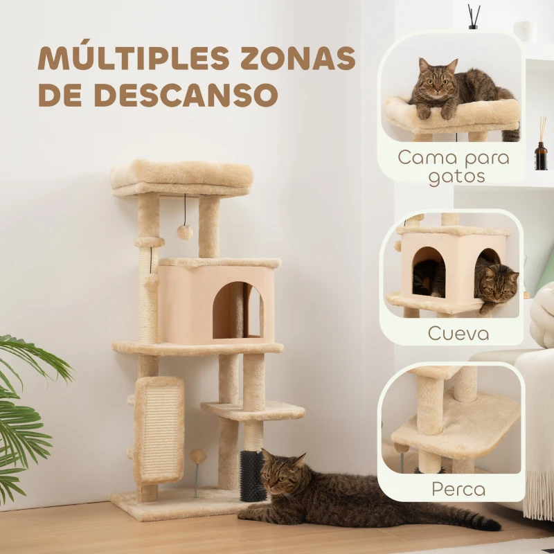 PawHut Árbol Rascador para Gatos Altura 104cm con Plataformas Poste con Cepillo Bolas Colgantes y Almohadilla para Rascar Beige