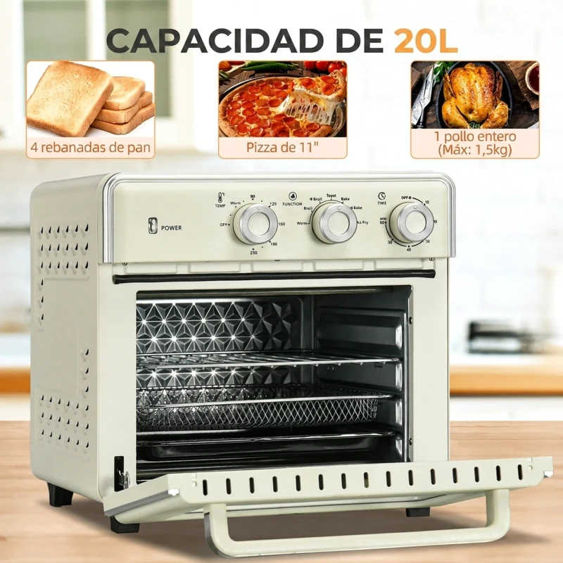 HOMCOM Mini Horno Eléctrico de Sobremesa con Convección 20L 1400W 7 Funciones Temperatura 90-230°C Temporizador 60 min Crema