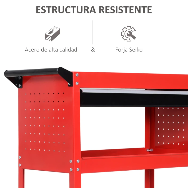 DURHAND Carro de Taller Carro de Herramientas con 3 Bandejas y Cajón Ruedas con Frenos Asa Lateral Panel Lateral Perforado Rojo