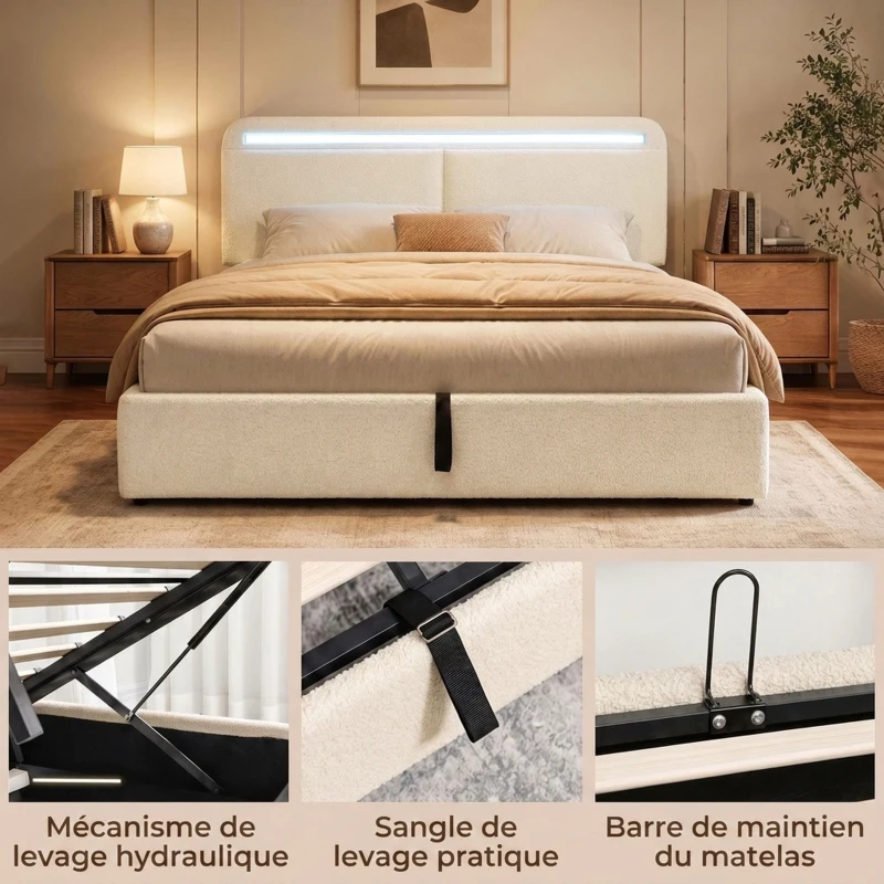 HOMCOM Lit Coffre 160 x 200 cm, LED RGB, Tête Réglable, Cadre de Lit Double Rembourré Velours, Rangement Hydraulique, Crème