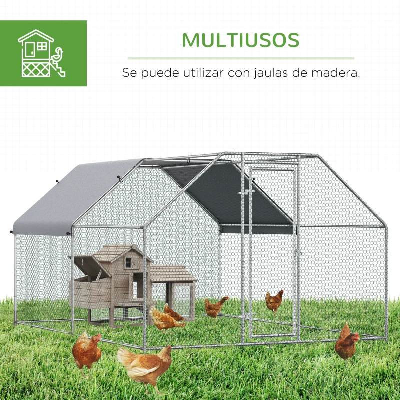 PawHut Gallinero de Exterior 2,8x3,8x1,95 m Gallinero Grande Cubierta de Tela Oxford y Corral de Metal Galvanizado Plata
