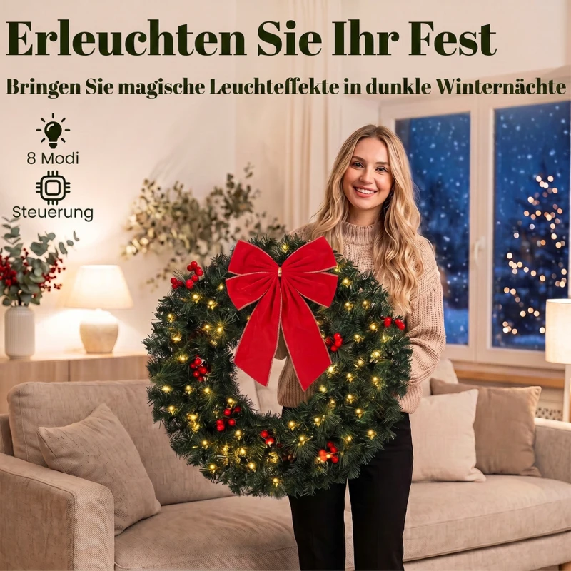 HOMCOM Kerstkrans 60 cm, deurkrans in Crestwood-sparrenlook met strik, 50 leds, 140 takpunten, 8 lichtstanden