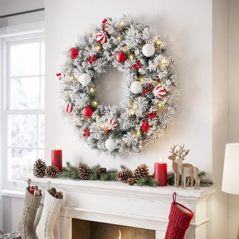HOMCOM Guirlanda de Natal Nevada de 60 cm com Luzes LED 8 Modos, 140 Ramos, 8 Bagas e 15 Bolas Decorativas, Verde
