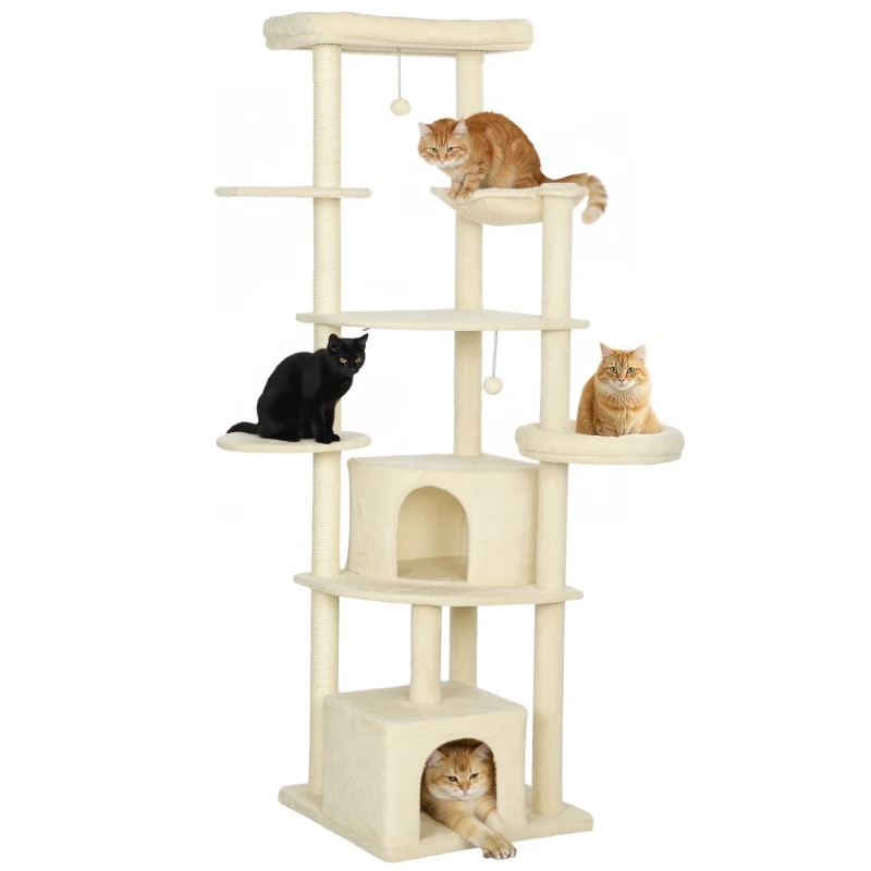 PawHut 2 meter hoge krabpaal voor 2-3 katten, krabpalen, holen, hangmat, verstopplekken, meerlaagse uitvoering, sisal, hout, pluche, Beige