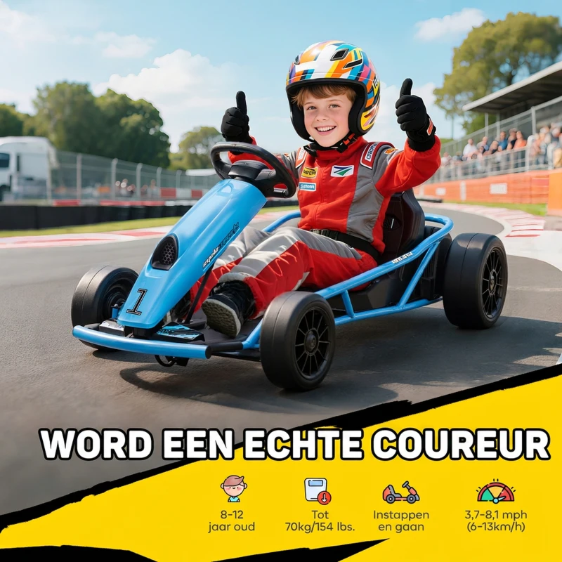 HOMCOM Elektrische Go-kart voor Kinderen, Driftfunctie, Claxon, Muziek, Veiligheidsgordel, Soft-Start, Blauw/Zwart(m-4)