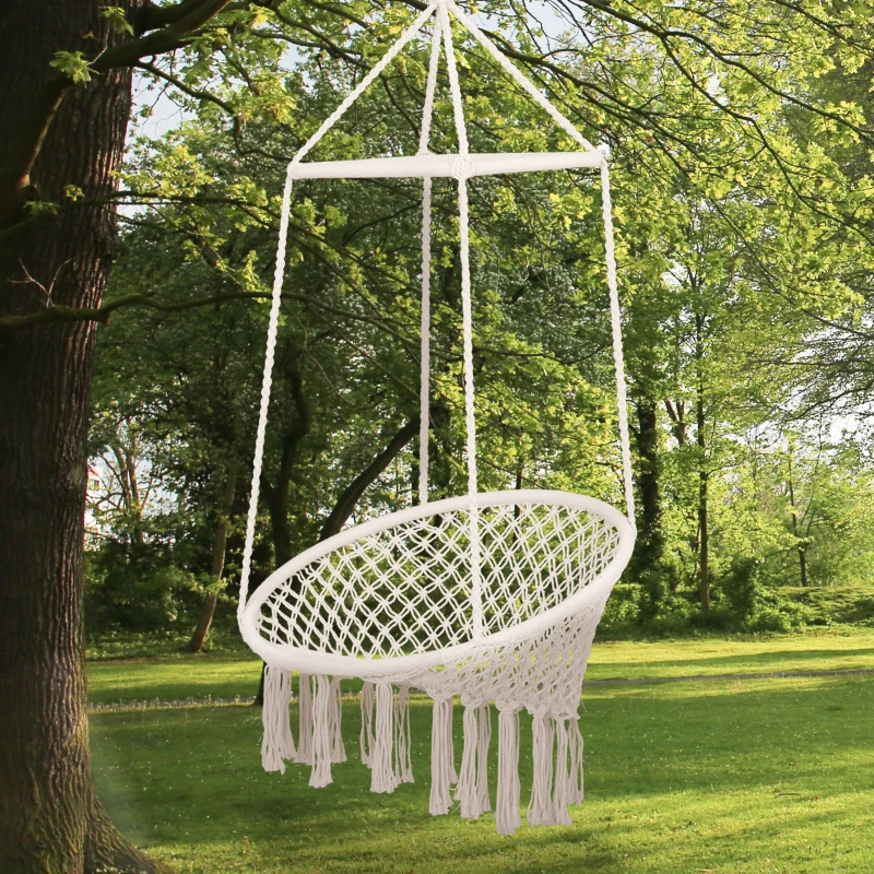 Outsunny Hängesessel Hängeschaukel Schwebesessel Hängestuhl Vintage Ethno wetterfest UV-beständig Baumwolle + Metall Beige Ø80 x H150 cm bis 100 kg