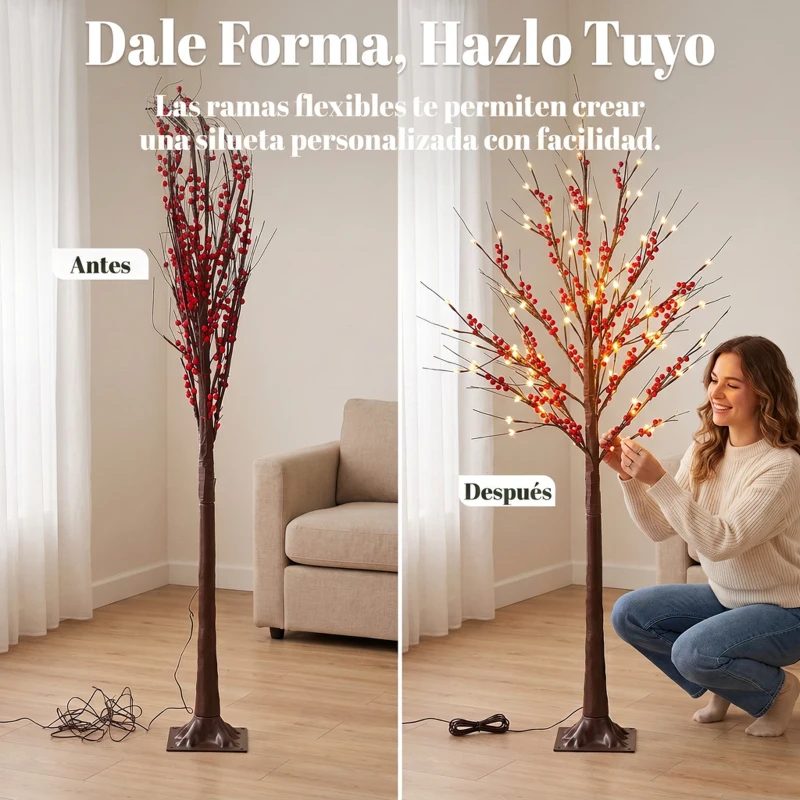 HOMCOM Árbol de Abedul Artificial 150 cm con 96 Luces LED Blanco Cálido Bayas Rojas Temporizador y 12 Ramas Flexibles Marrón