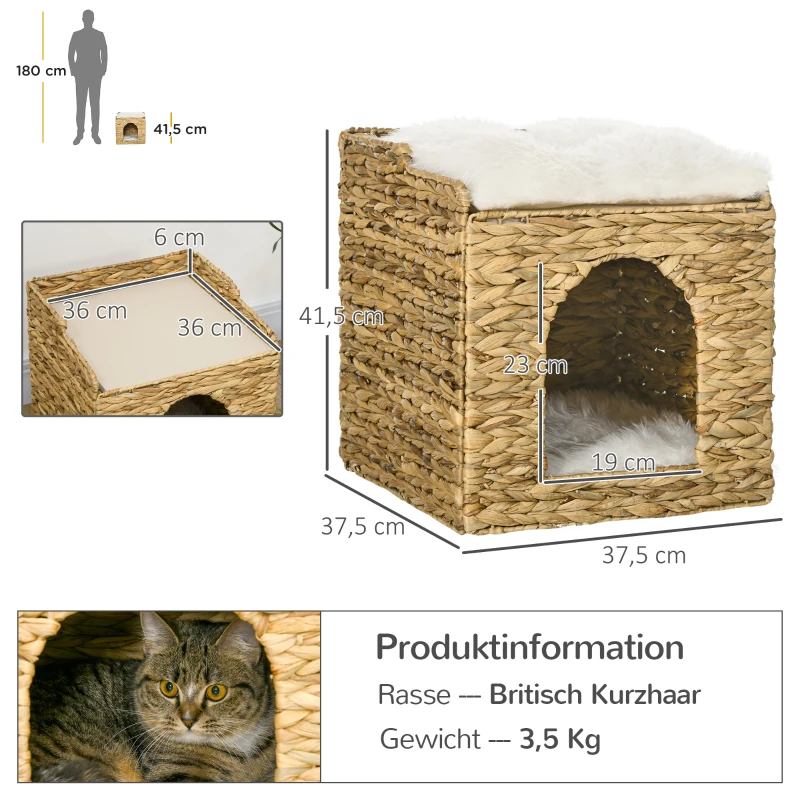 PawHut kattengrot met waterhyacintgras, 2 slaapruimtes, 2 wasbare kussens, naturel + wit