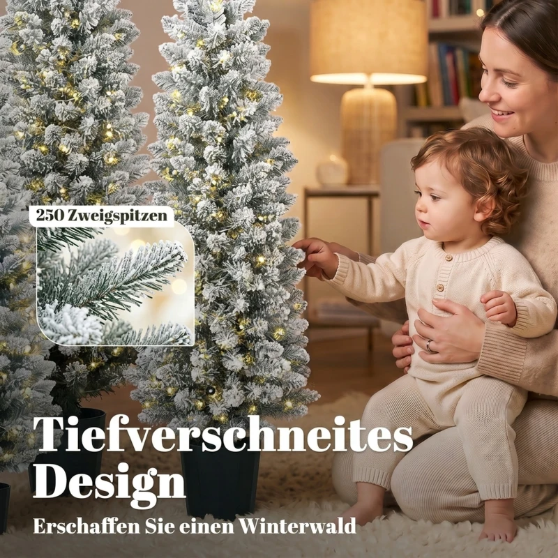 HOMCOM 3er-Set schneebeflockte LED-Weihnachtsbäume, schmal, mit PVC-Zweigen, 90/120/150 cm