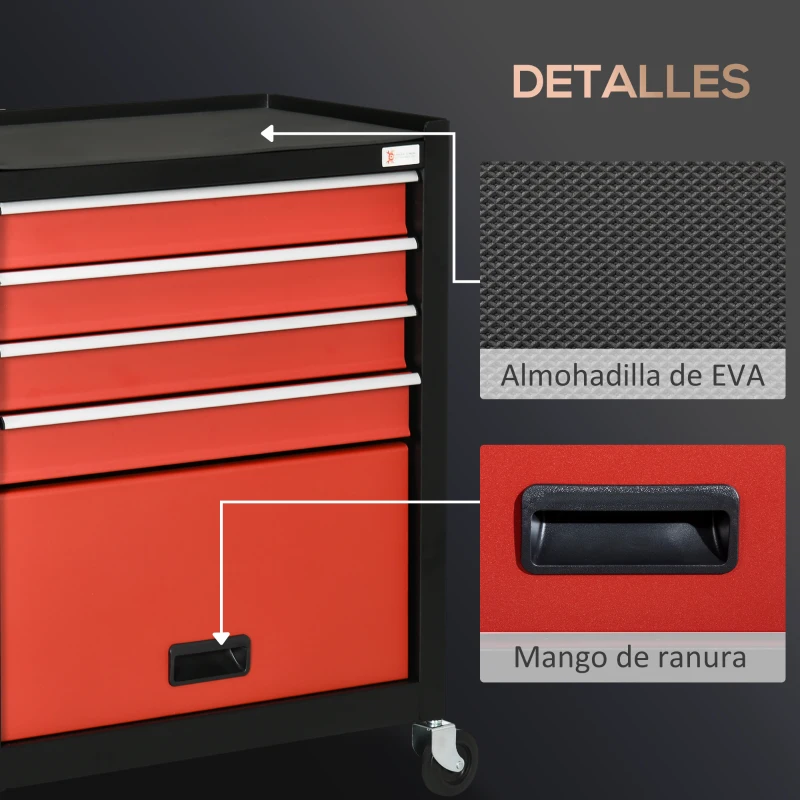 DURHAND Carro de Herramientas con Ruedas 4 Cajones Compartimento de Almacenaje y Asa Lateral 69x33x75 cm Negro y Rojo