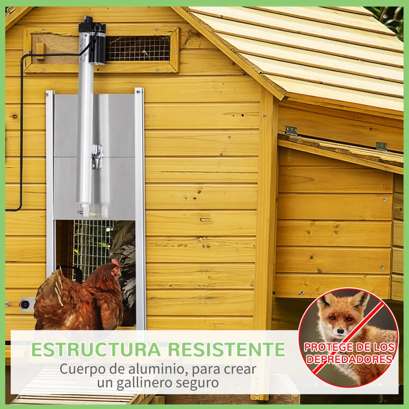 PawHut Kit de Abridor Automático de Puerta de Gallinero con Puerta de Aluminio Sensor de Infrarrojos Control de Temporizador y Mando a Distancia 30x30x0,15 cm Plateado