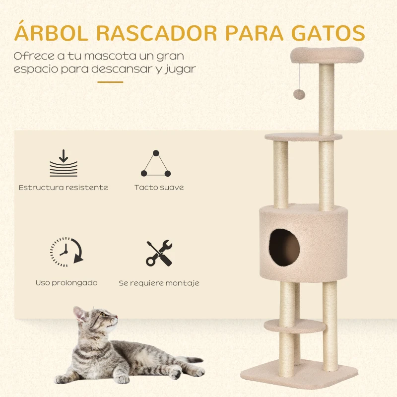 PawHut Árbol Rascador para Gatos Altura 148 cm Árbol para Gatos con Postes de Sisal Plataformas Casa y Bola Colgante Beige
