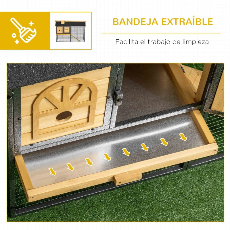 PawHut Conejera de Madera de 2 Niveles con Zona Abierta Techo Asfáltico y Bandeja Extraíble 120x55,5x80 cm Natural y Negro