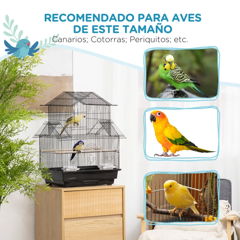 PawHut Jaula para Pájaros de Acero Pajarera con Bandeja Extraíble y 2 Comederos Pinzones Periquitos 50,5x41x63 cm Negro