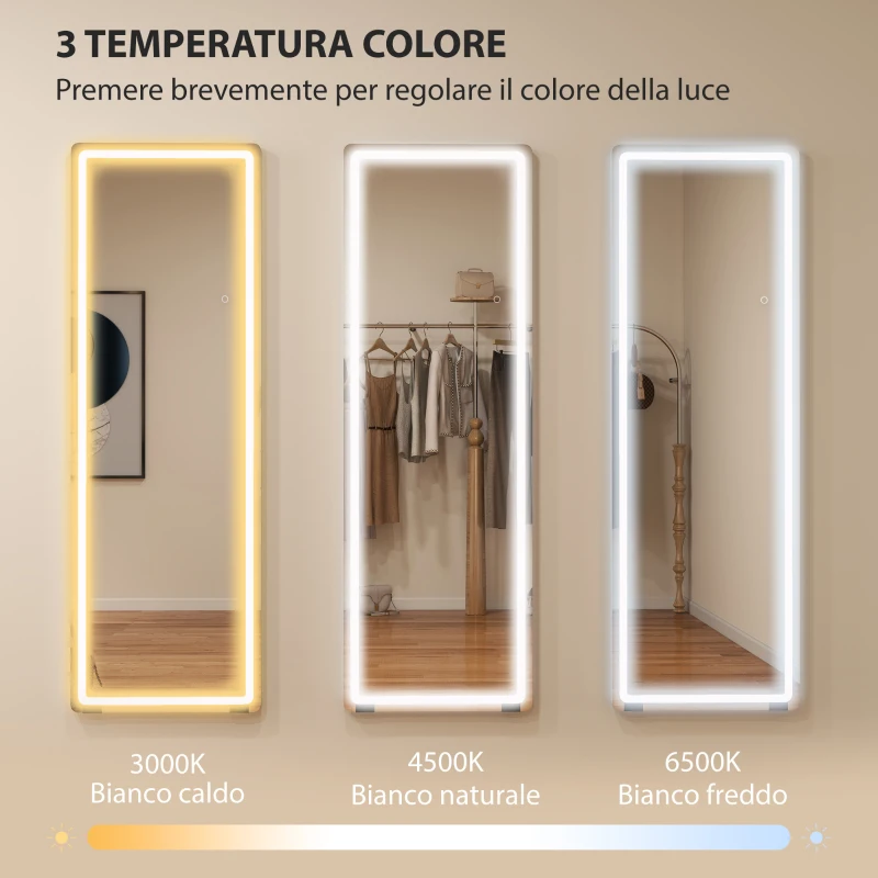 HOMCOM Specchio a Figura Intera con Luci, 150x50 cm LED con Illuminazione a 3 Colori, Libero in Piedi, Appoggiato o Montato a Parete Trasparente