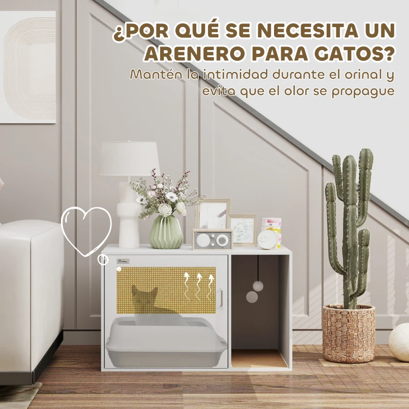 PawHut Mueble Arenero para Gatos Arenero para Gatos con Almohadilla para Rascar y Puerta de Ratán 80x50x50 cm Blanco