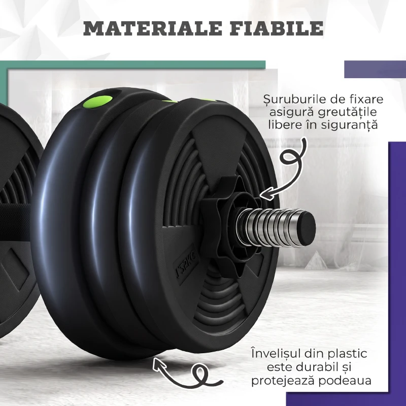 SPORTNOW Set 2 în 1 cu 2 gantere convertibile în halteră, greutate totală 20 kg și discuri de greutăți reglabile, negru