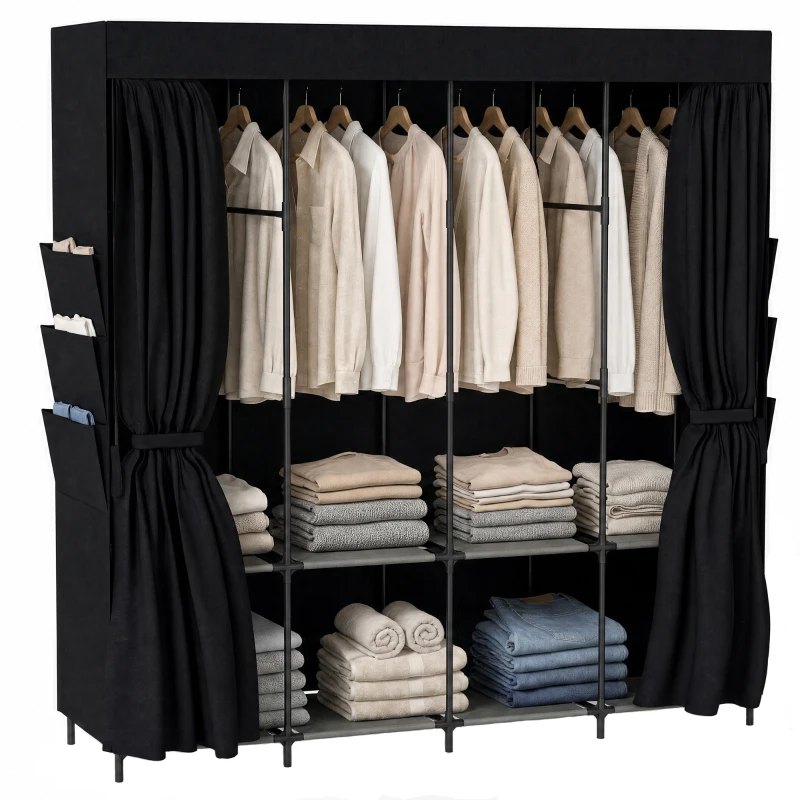 HOMCOM Stoff-Kleiderschrank, staubdicht, tragbar, 5 Kleiderstangen, 170 x 45 x 167 cm, Schwarz