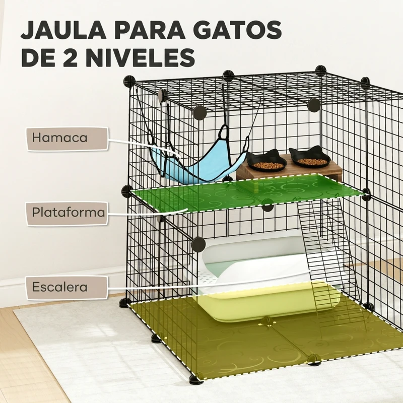 PawHut Jaula para Gatos Interior de 2 Niveles Recinto de Acero para Gatos con 2 Puerta Escalera Hamaca 70x70x70 cm Negro