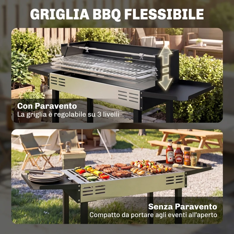 Outsunny Barbecue a Carbone a 3 Livelli con Mensole Pieghevoli e Girarrosto, in Acciaio Inox, 118x32x90 cm, Nero