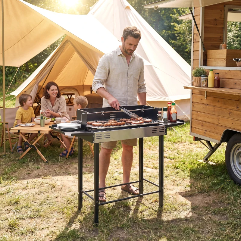 Outsunny Barbecue a Carbone a 3 Livelli con Mensole Pieghevoli e Girarrosto, in Acciaio Inox, 118x32x90 cm, Nero