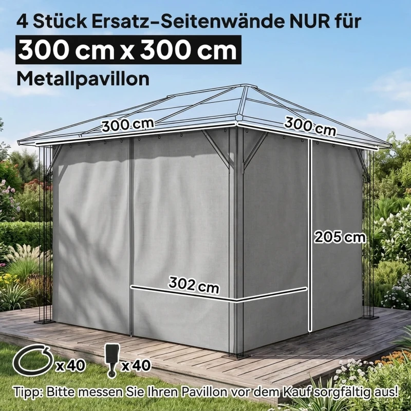 Outsunny Ersatzvorhang für Pavillon, 4er-Set, für 3x3m Pavillons, 302x205cm, Hellgrau