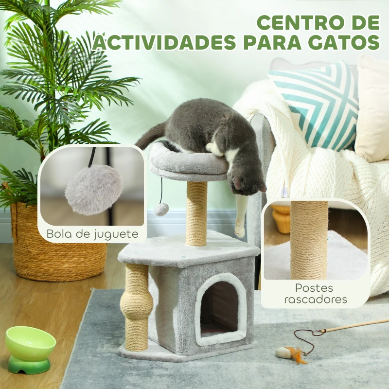 PawHut Árbol para Gatos Altura 66 cm Torre para Gatos con Cama Cueva Plataforma Bola Colgante y Poste de Yute Gris Claro