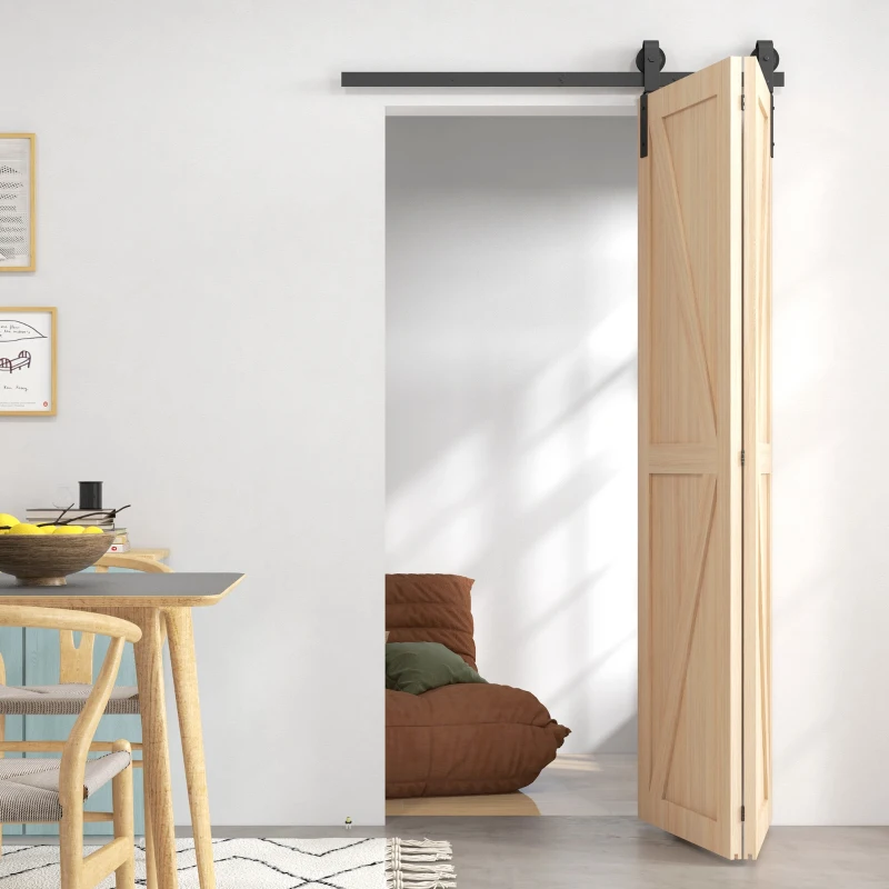 HOMCOM 4FT/122CM Herrajes para Puerta Corredera Plegable para 2 Puertas con Riel para Granero Negro