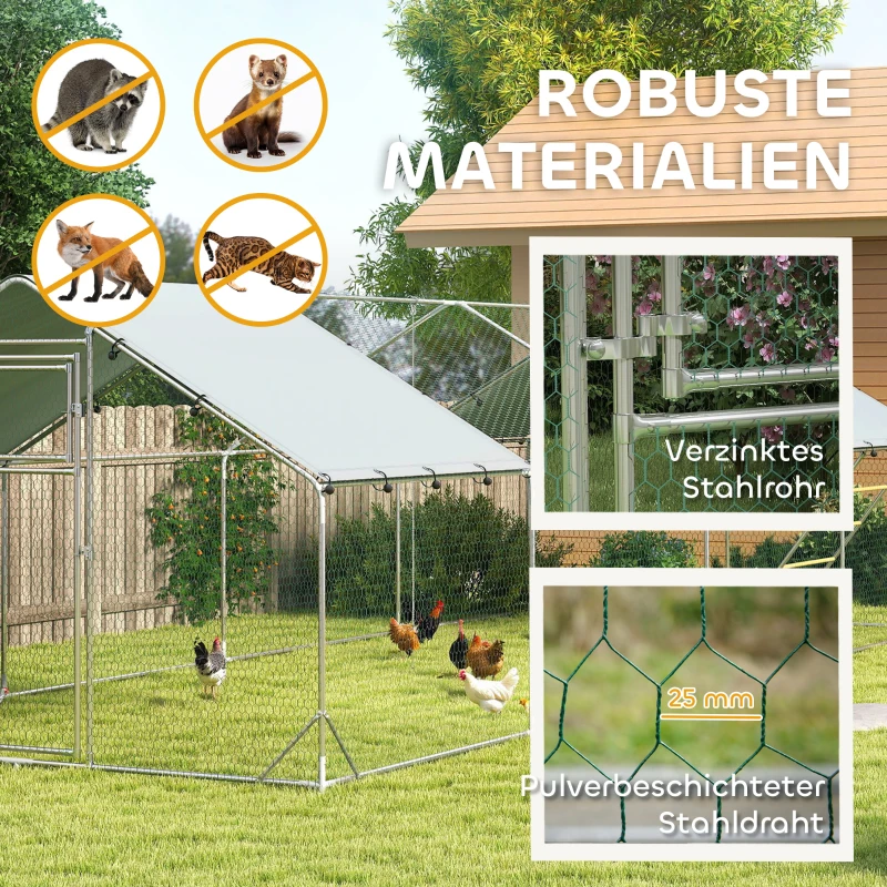 PawHut Kippenhok, uitloopren voor kippen, met UV-bestendig zeildoek, staalgaas, voerautomaat, voor 24-30 kippen