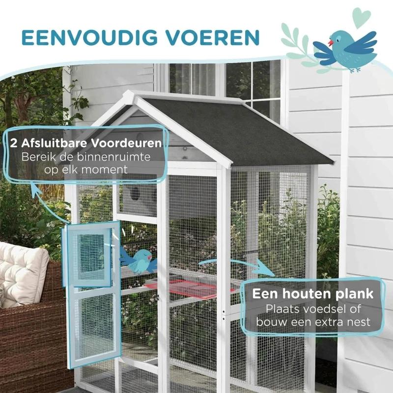 PawHut Houten vogelkooi met 4 zitstokken, asfaltdak, waterdicht, 112 x 68 x 154 cm(m-4)