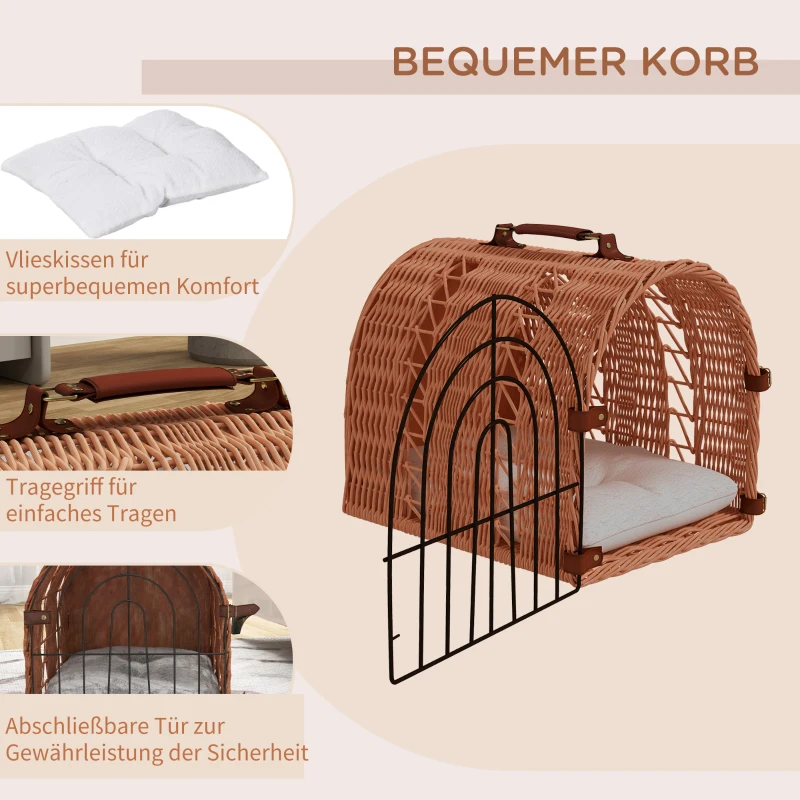 PawHut Transporttasche für Katze Hund aus Weide geflochten Korbhöhle mit Kissen Gitter für Transport Katzen Hunden Braun Metall 42 x 35 x 37 cm