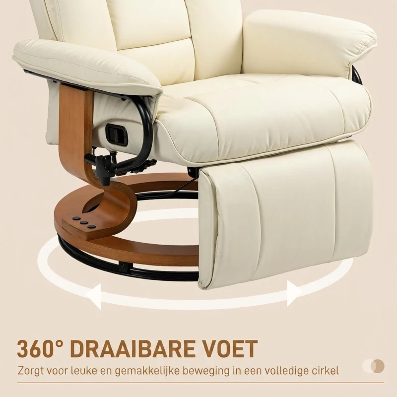 HOMCOM Relaxstoel met Ligfunctie, Draaibaar, tot 150 kg, Kunstleerbekleding, Stalen Frame, Crèmewit(m-6)