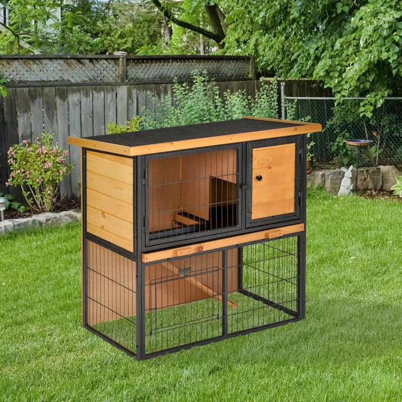 PawHut Conejera de Exterior de Madera Jaula para Mascotas Pequeñas 2 Niveles con Rampa Bandeja Extraíble Puertas con Cerraduras 89,5x45x81 cm Madera y Gris