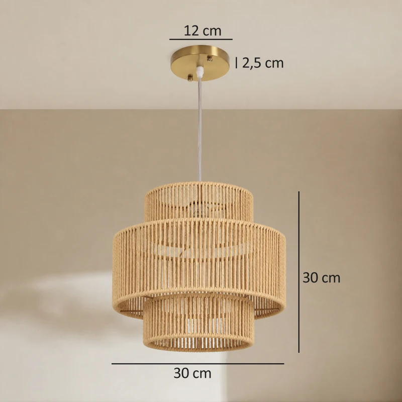 HOMCOM Hanglamp, driedelige lampenkap, metaal, henneptouw, lichtbruin