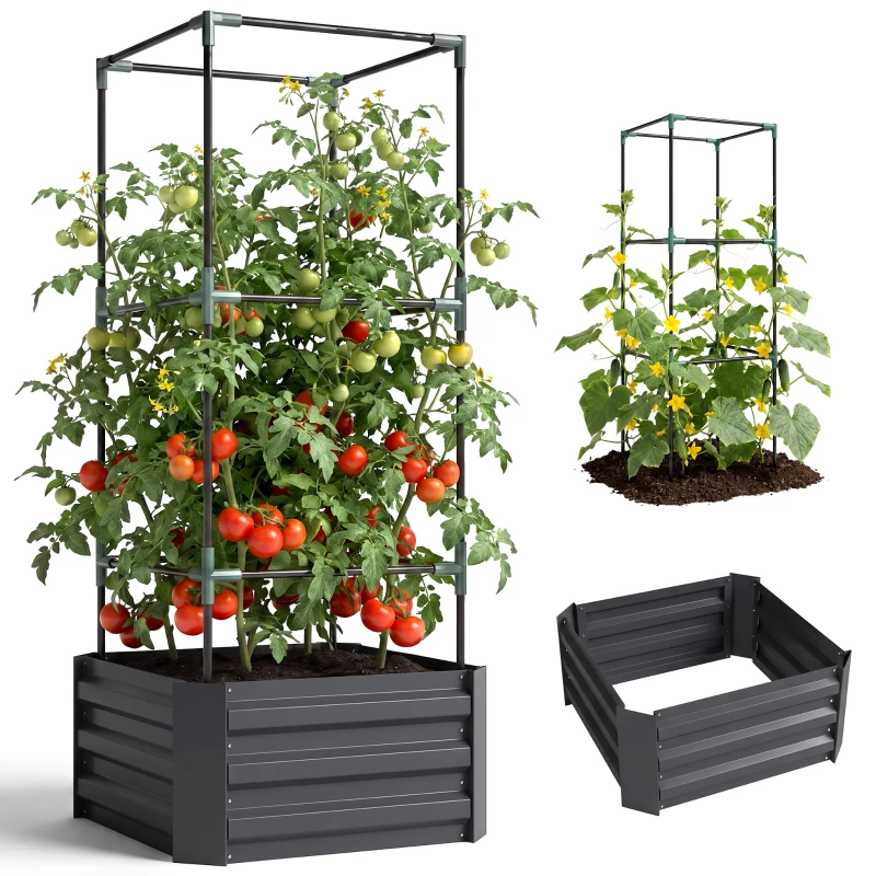 Outsunny Hoogbed met klimrek Plantenbak met klimsteun, open bodem, weerbestendig, 61 cm x 61 cm x 140 cm, Donkergrijs